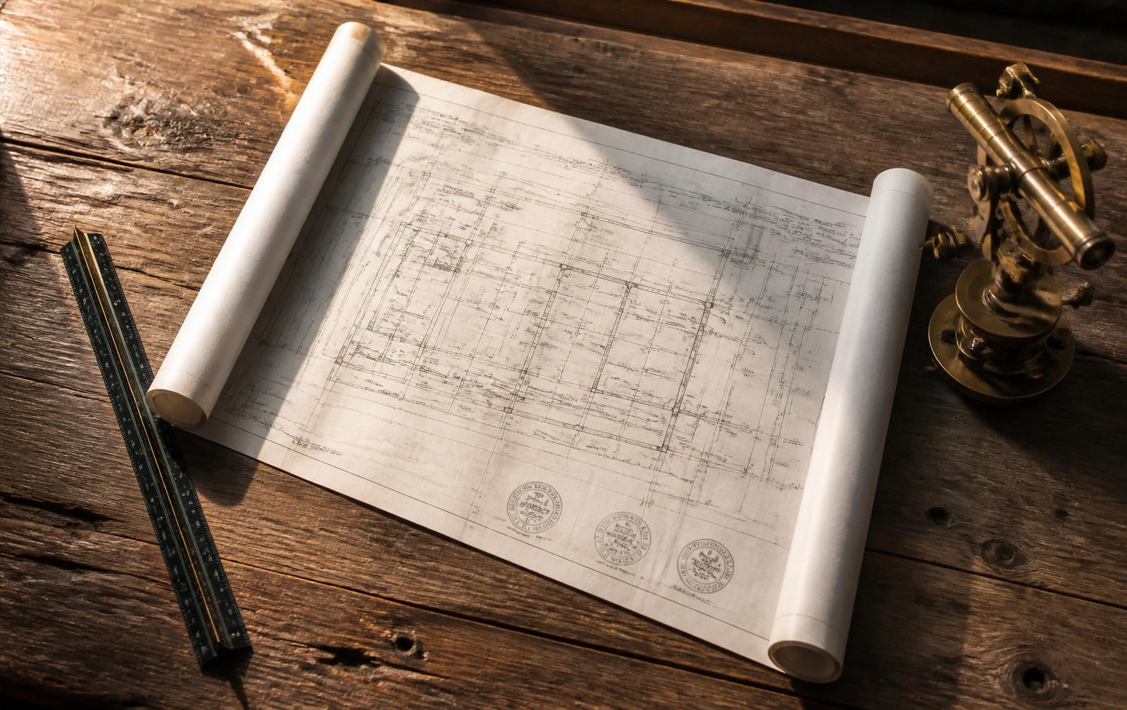 Stamped engineering drawings on a wooden bench